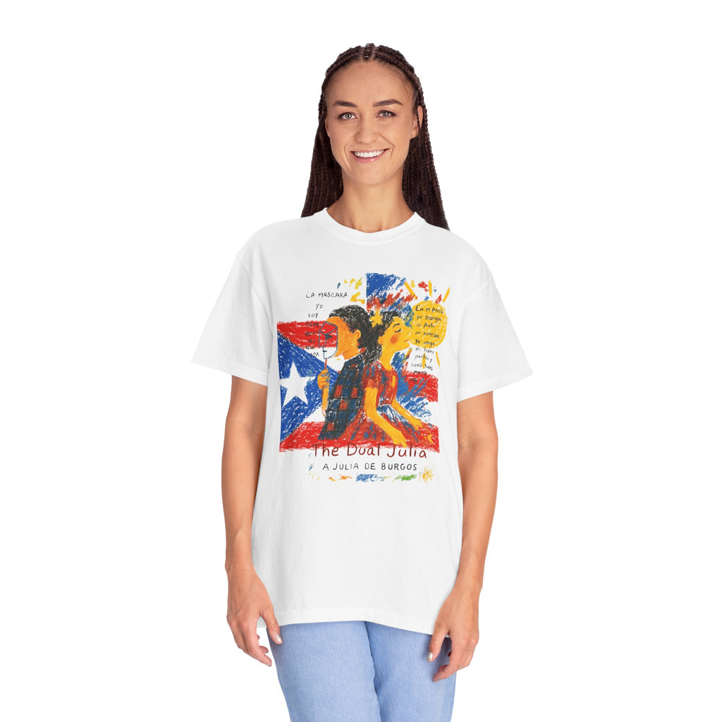 Puerto Rican Flag Art T-Shirt Julia de Burgos homenaje— "The Dua Julia" Illustrated Graphic Tee