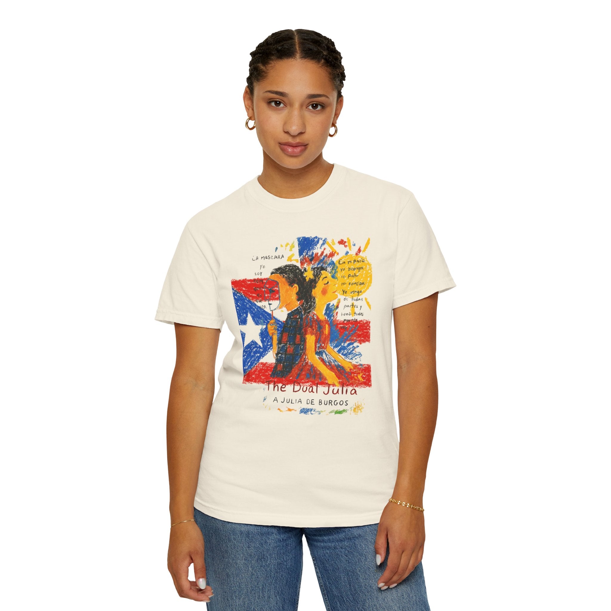 Puerto Rican Flag Art T-Shirt Julia de Burgos homenaje— "The Dua Julia" Illustrated Graphic Tee