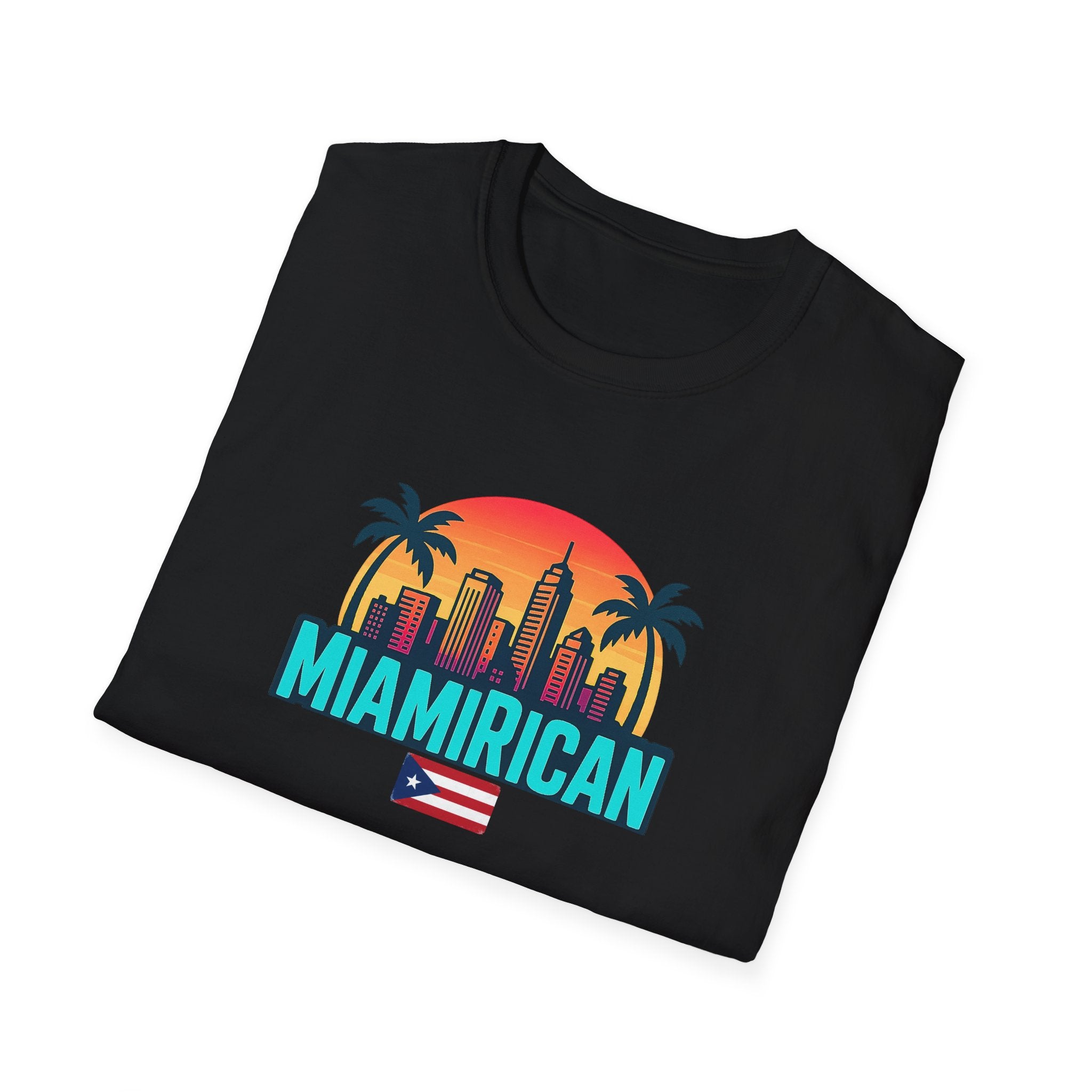 T-Shirt — Miamirican Miami Skyline with Puerto Rican Flag Graphic