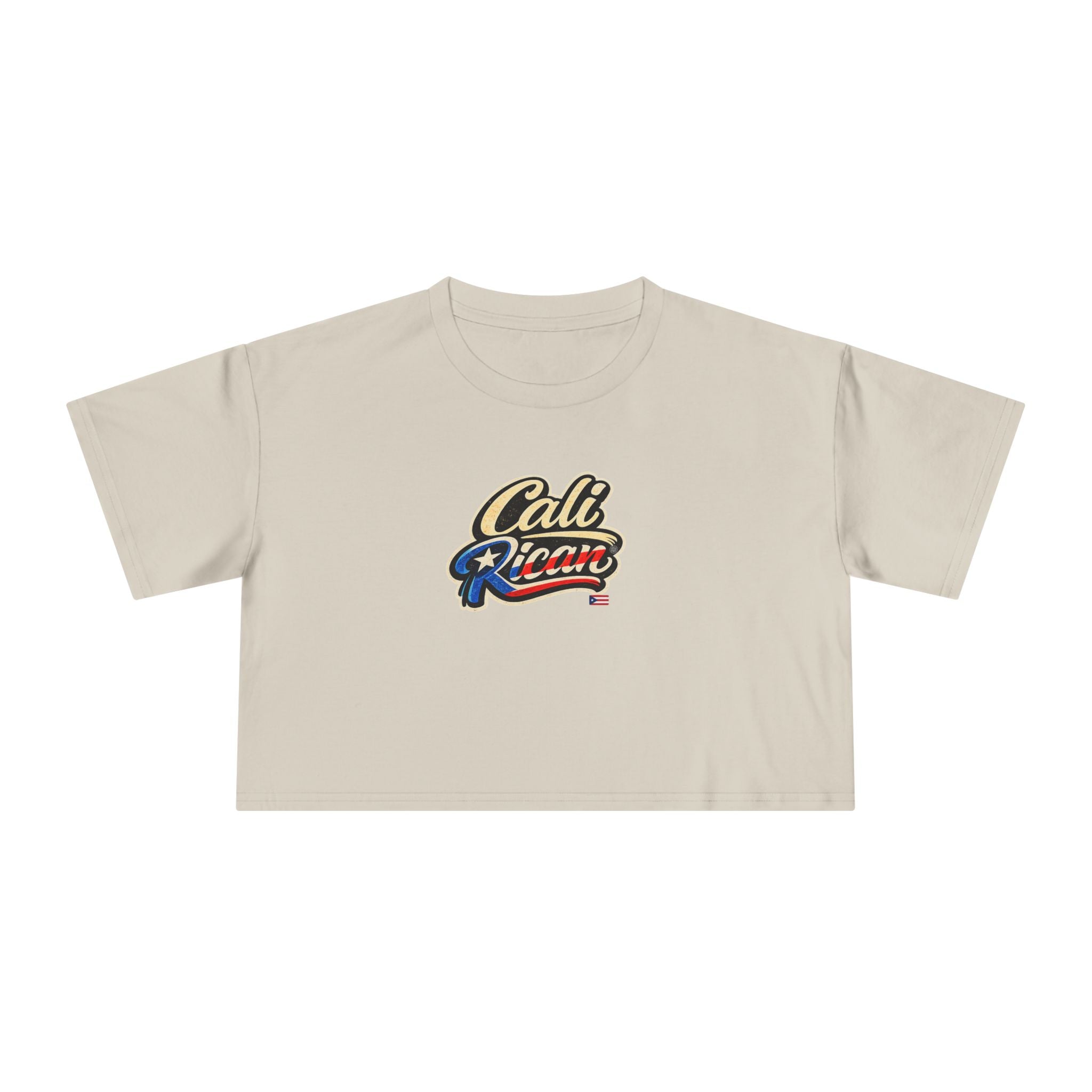 Cali Rican Crop Tee — Puerto Rican Flag Script Graphic