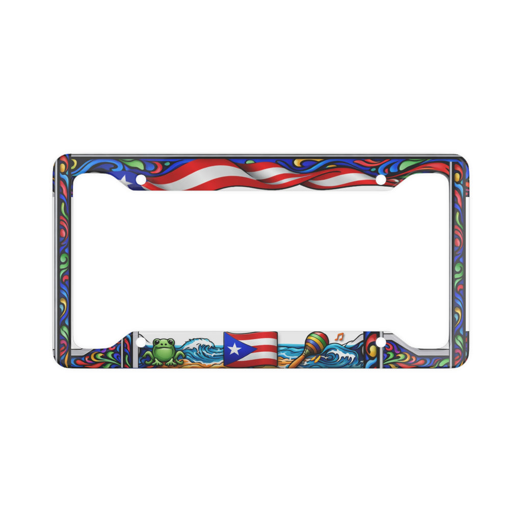 Puerto Rico Floral License Plate Frame — Colorful Boricua Flag Car Trim