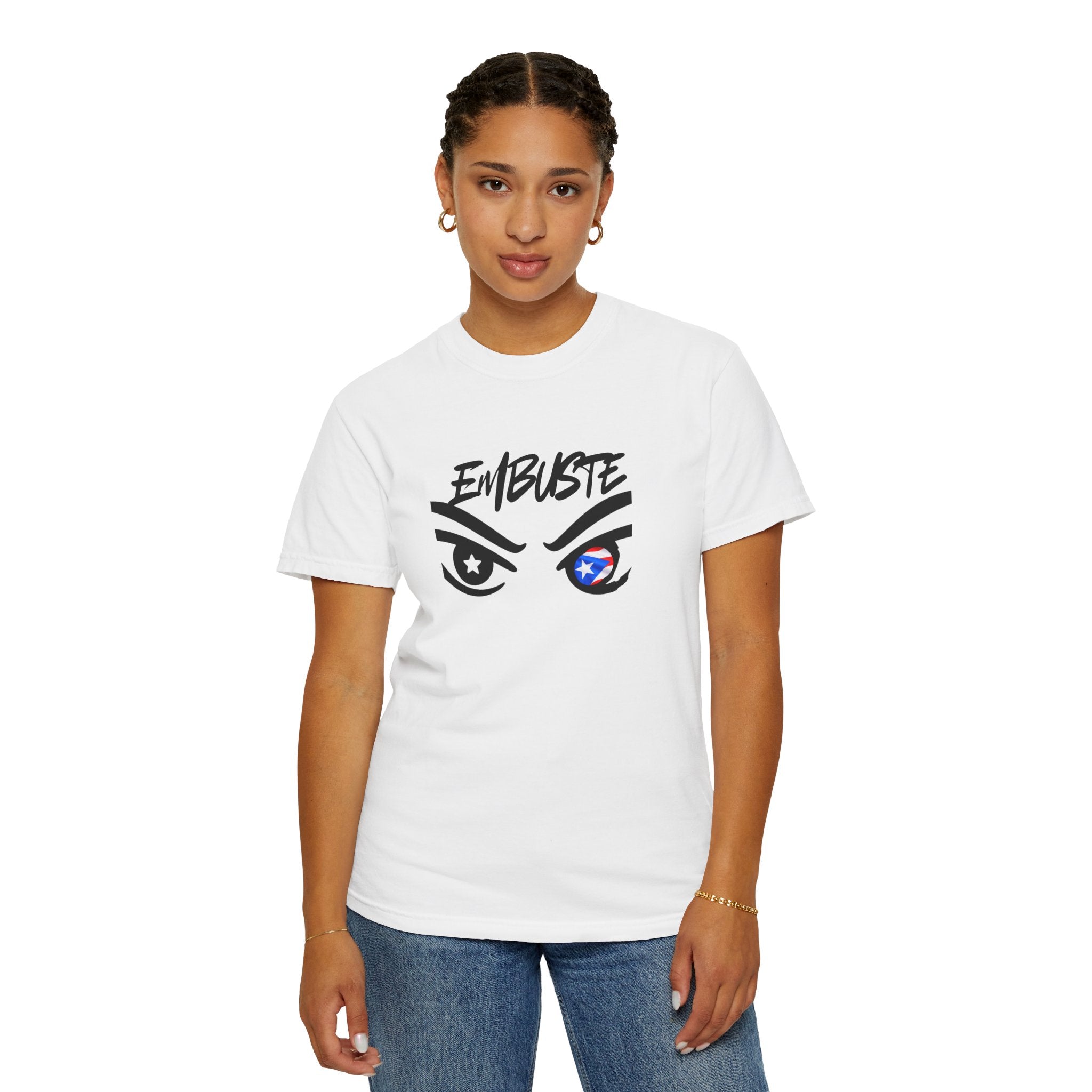 Embuste Eyes Graphic T-Shirt — Bold Script & Star-Spangled Eye Design