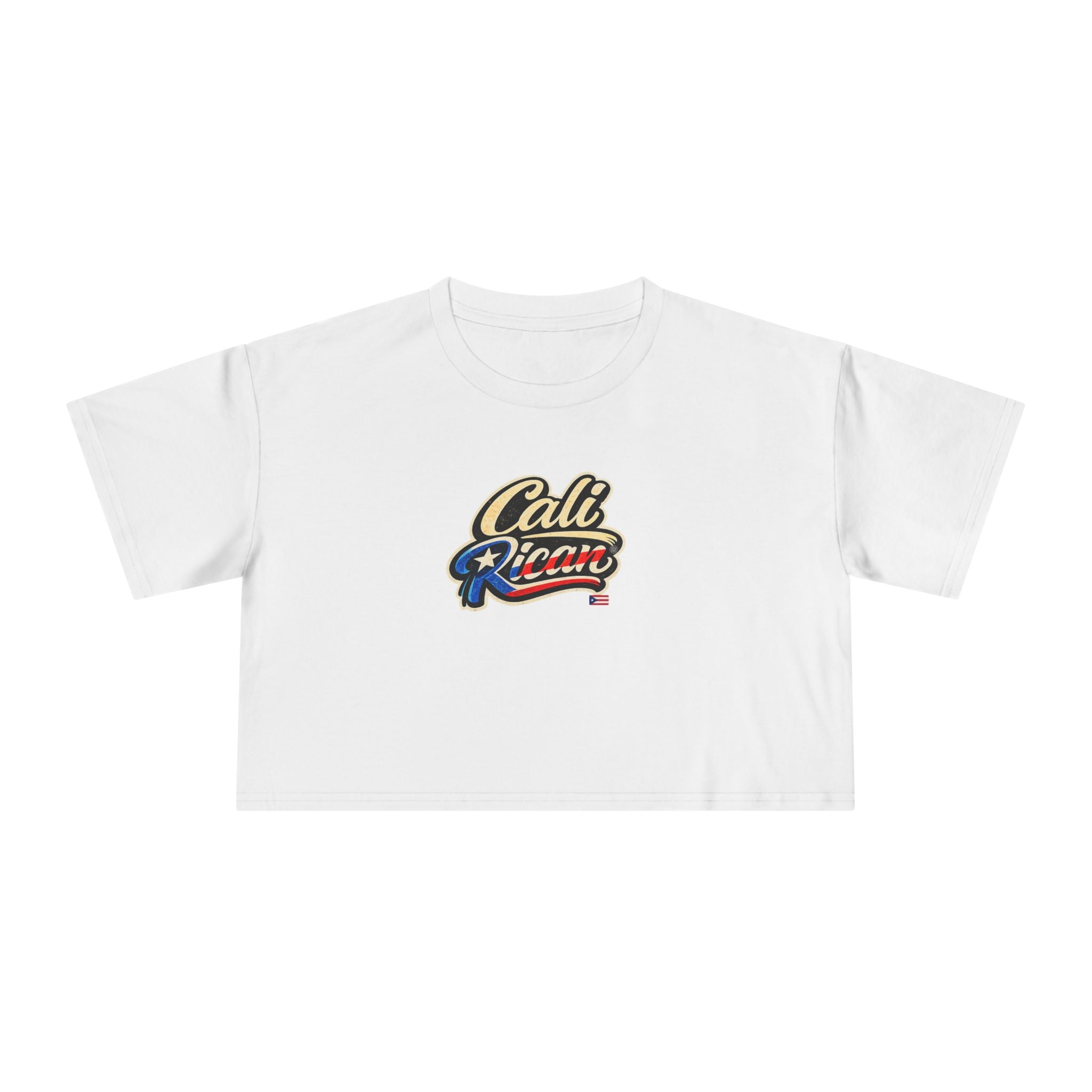 Cali Rican Crop Tee — Puerto Rican Flag Script Graphic