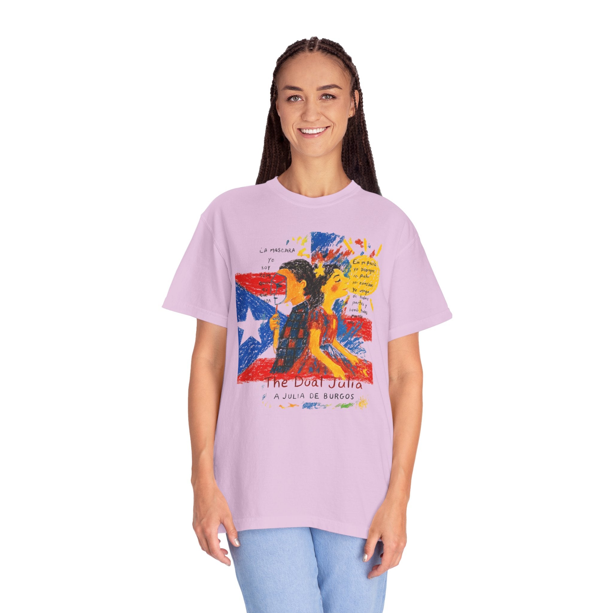 Puerto Rican Flag Art T-Shirt Julia de Burgos homenaje— "The Dua Julia" Illustrated Graphic Tee