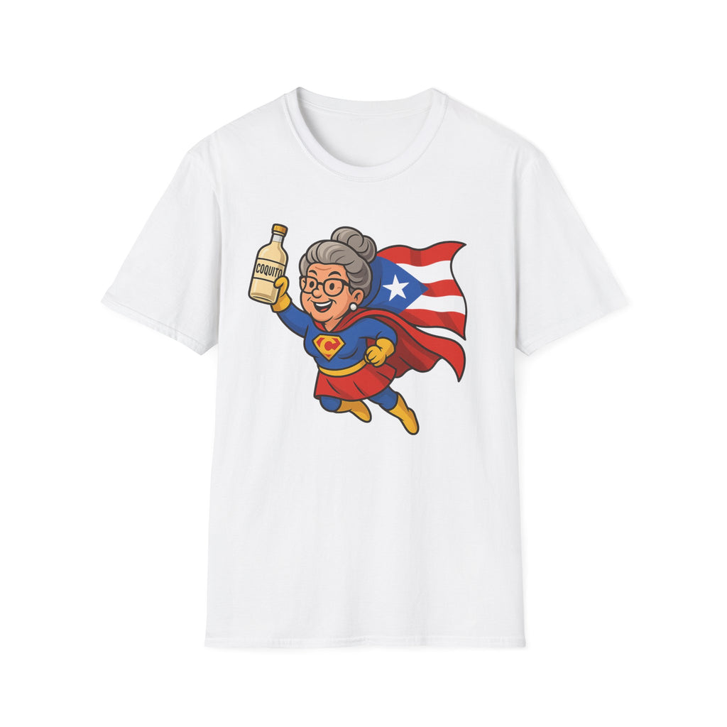 Puerto Rican Abuela Superhero T-Shirt – Flying Grandma with Flag & Coquito Bottle