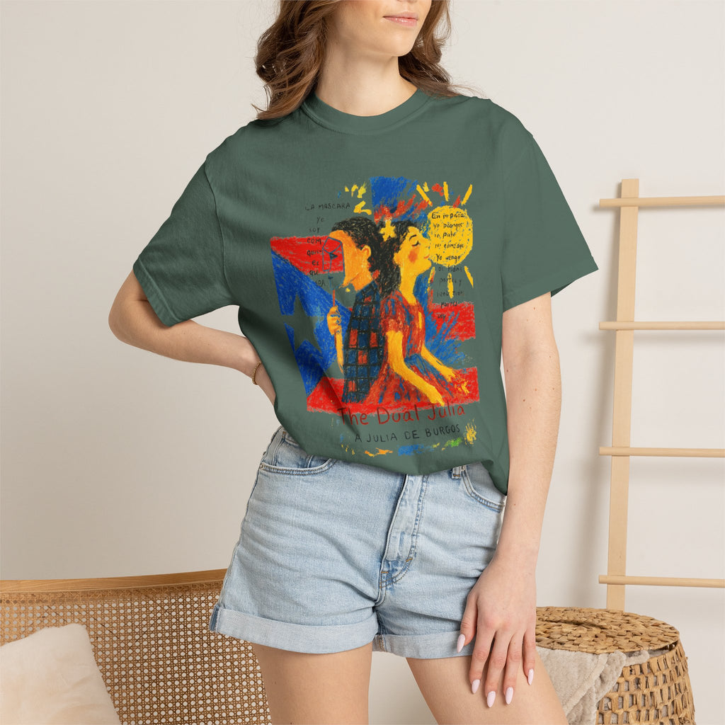 Puerto Rican Flag Art T-Shirt Julia de Burgos homenaje— "The Dua Julia" Illustrated Graphic Tee