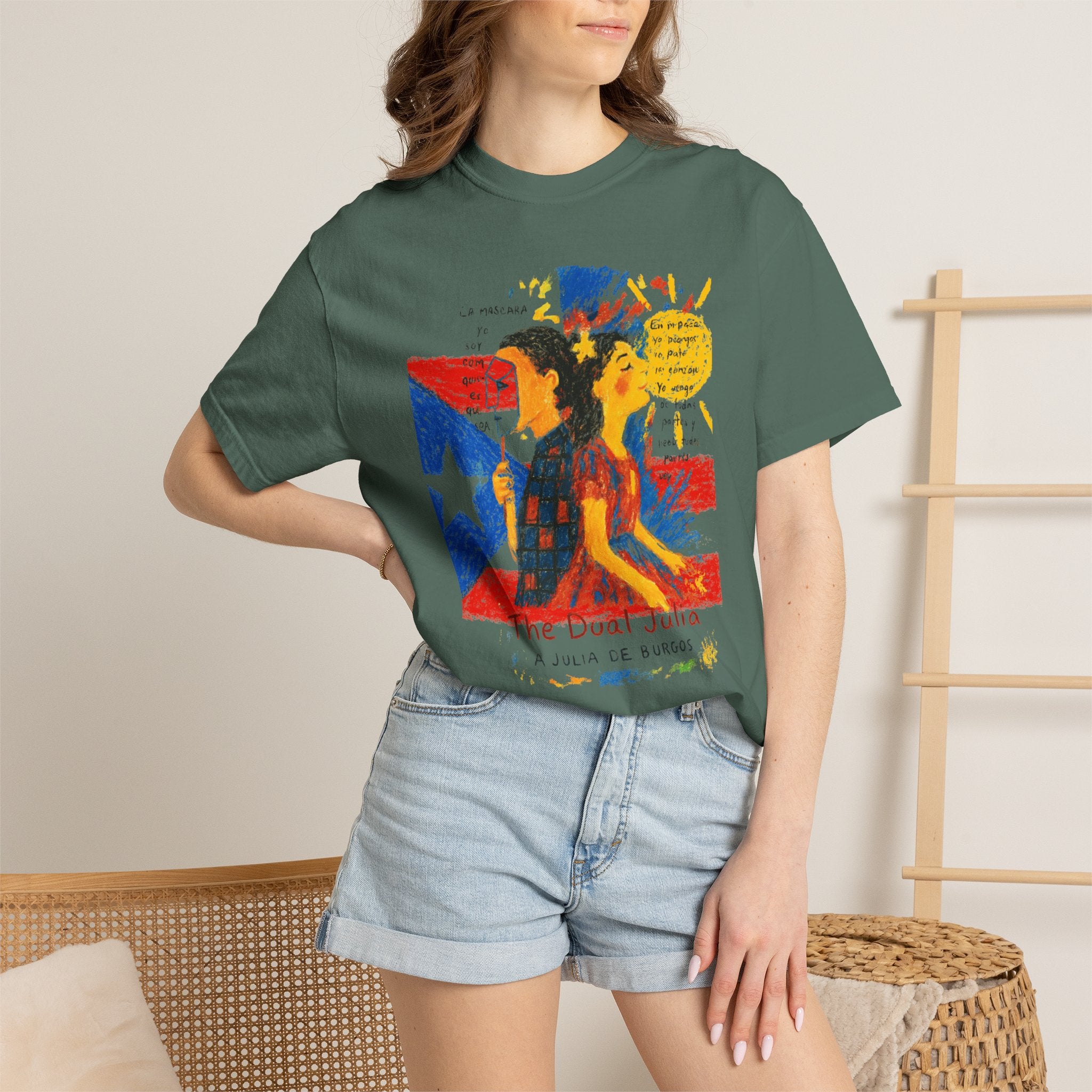 Puerto Rican Flag Art T-Shirt Julia de Burgos homenaje— "The Dua Julia" Illustrated Graphic Tee