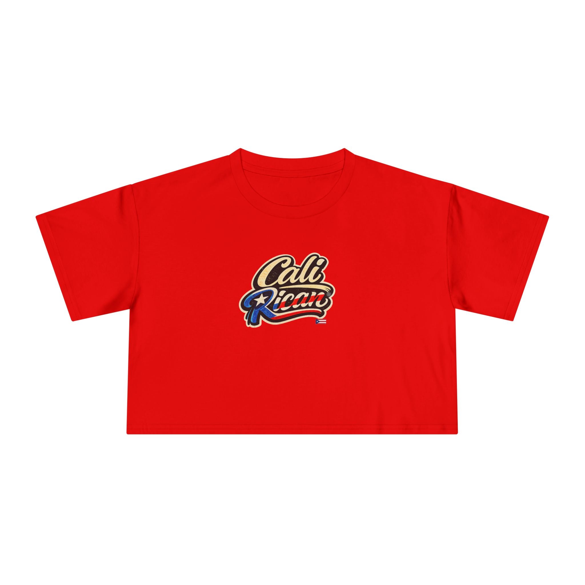 Cali Rican Crop Tee — Puerto Rican Flag Script Graphic
