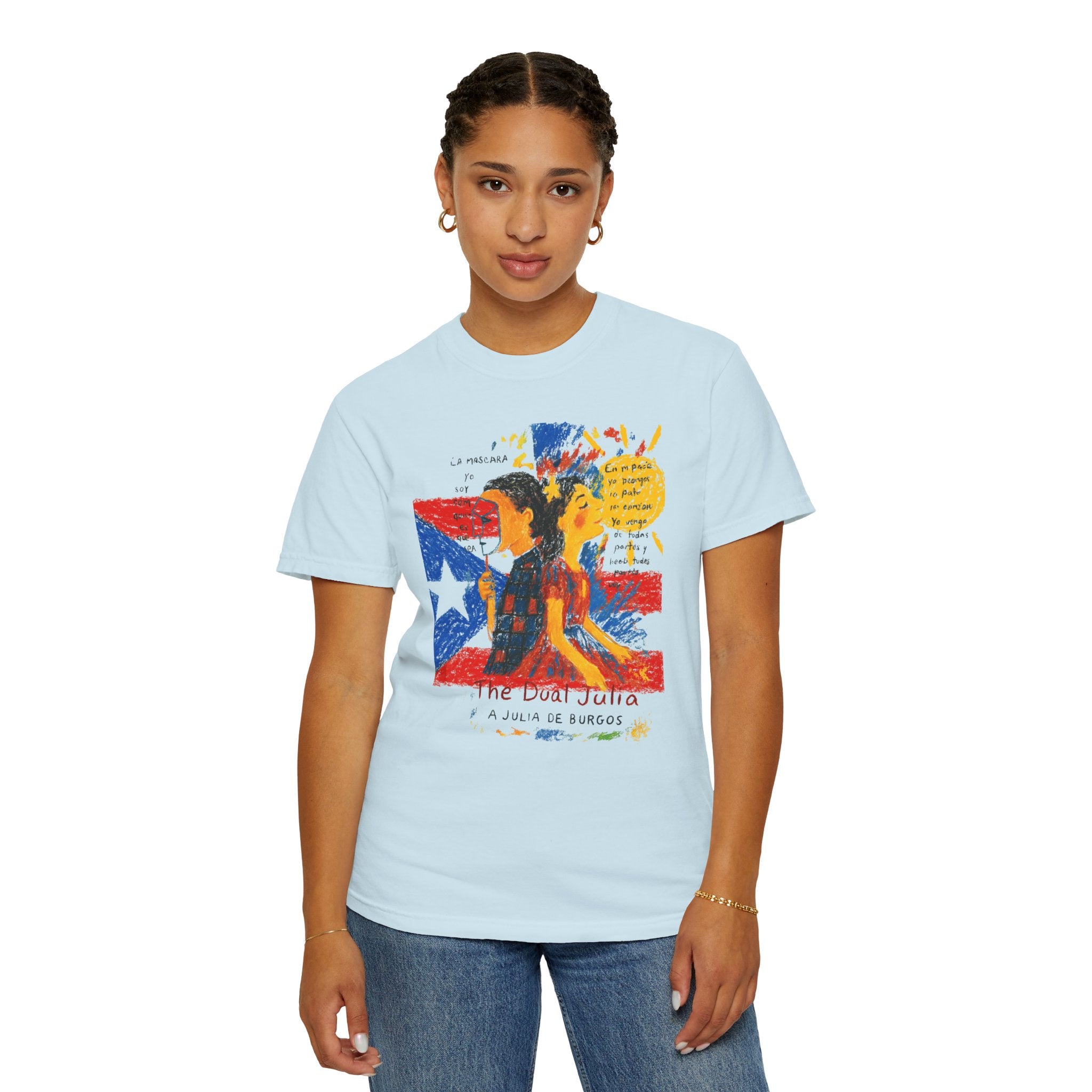 Puerto Rican Flag Art T-Shirt Julia de Burgos homenaje— "The Dua Julia" Illustrated Graphic Tee