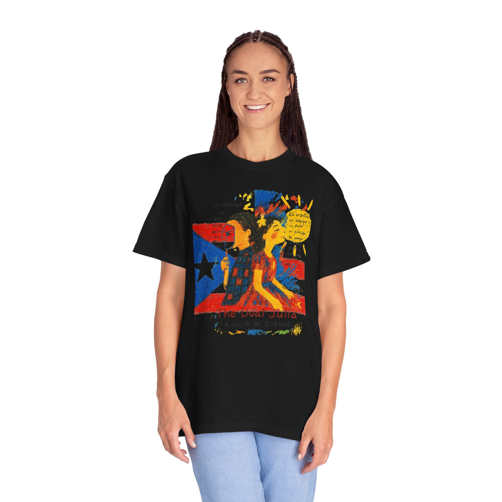 Puerto Rican Flag Art T-Shirt Julia de Burgos homenaje— "The Dua Julia" Illustrated Graphic Tee