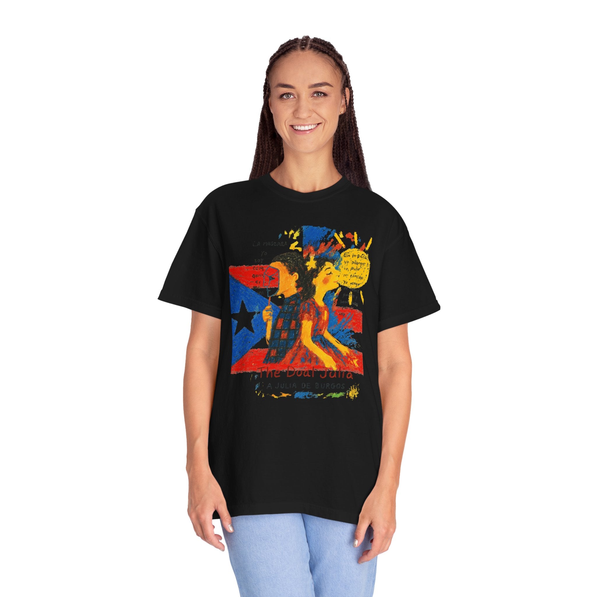 Puerto Rican Flag Art T-Shirt Julia de Burgos homenaje— "The Dua Julia" Illustrated Graphic Tee