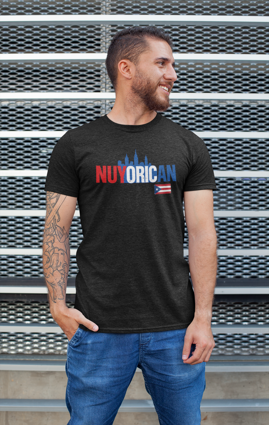 Nuyorican Skyline T-Shirt with Puerto Rico Flag – Retro NYC Pride Tee