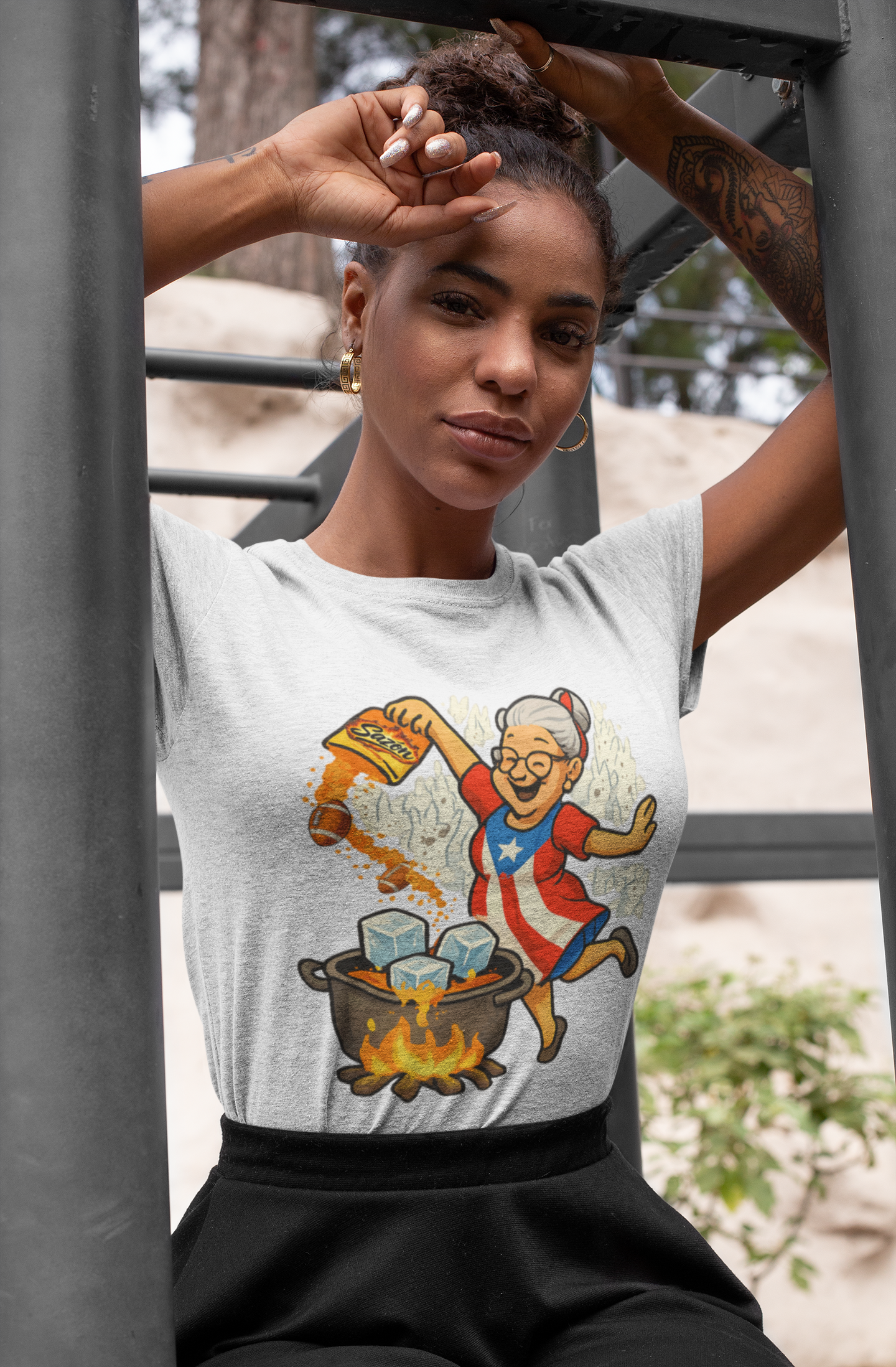 Puerto Rican Abuela Cooking Shirt – Grandma Stirring Sancocho with Sofrito Chef Tee