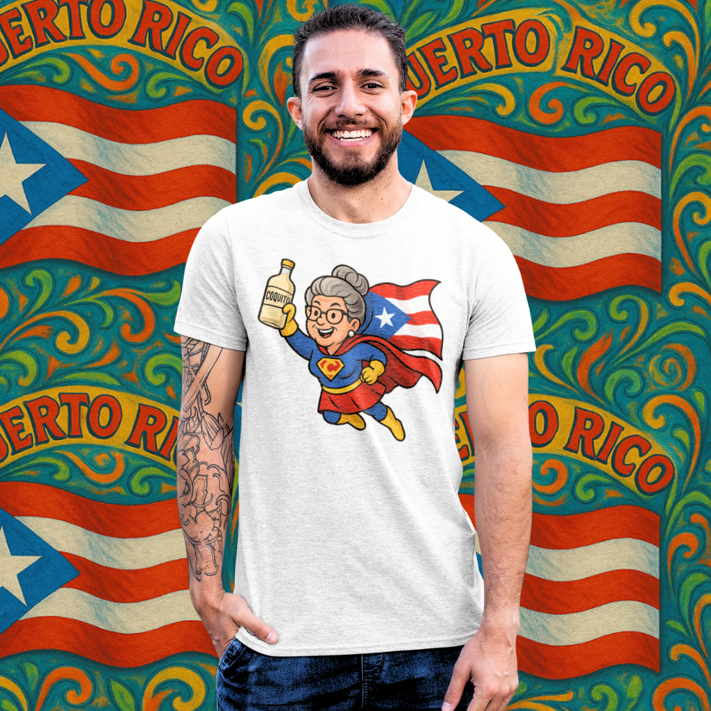 Puerto Rican Abuela Superhero T-Shirt – Flying Grandma with Flag & Coquito Bottle