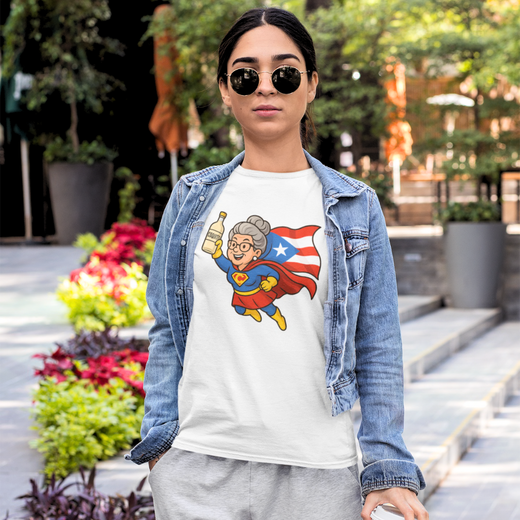 Puerto Rican Abuela Superhero T-Shirt – Flying Grandma with Flag & Coquito Bottle