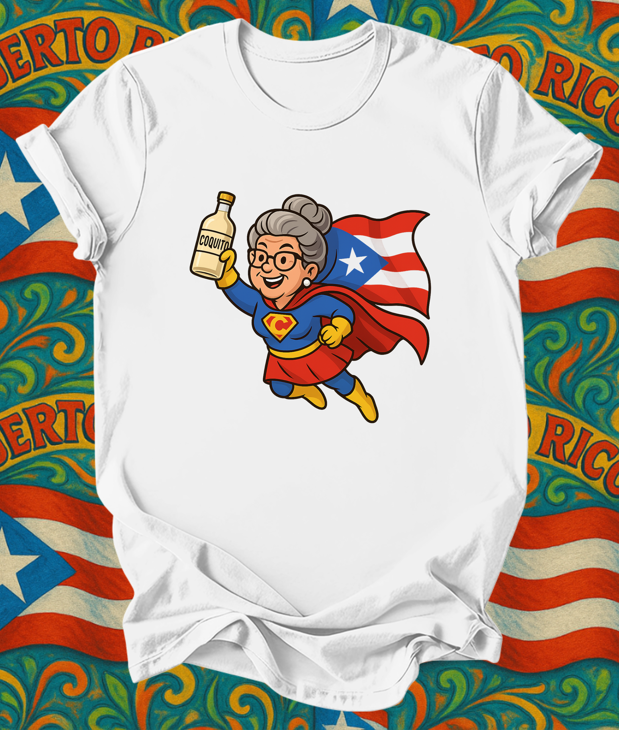 Puerto Rican Abuela Superhero T-Shirt – Flying Grandma with Flag & Coquito Bottle