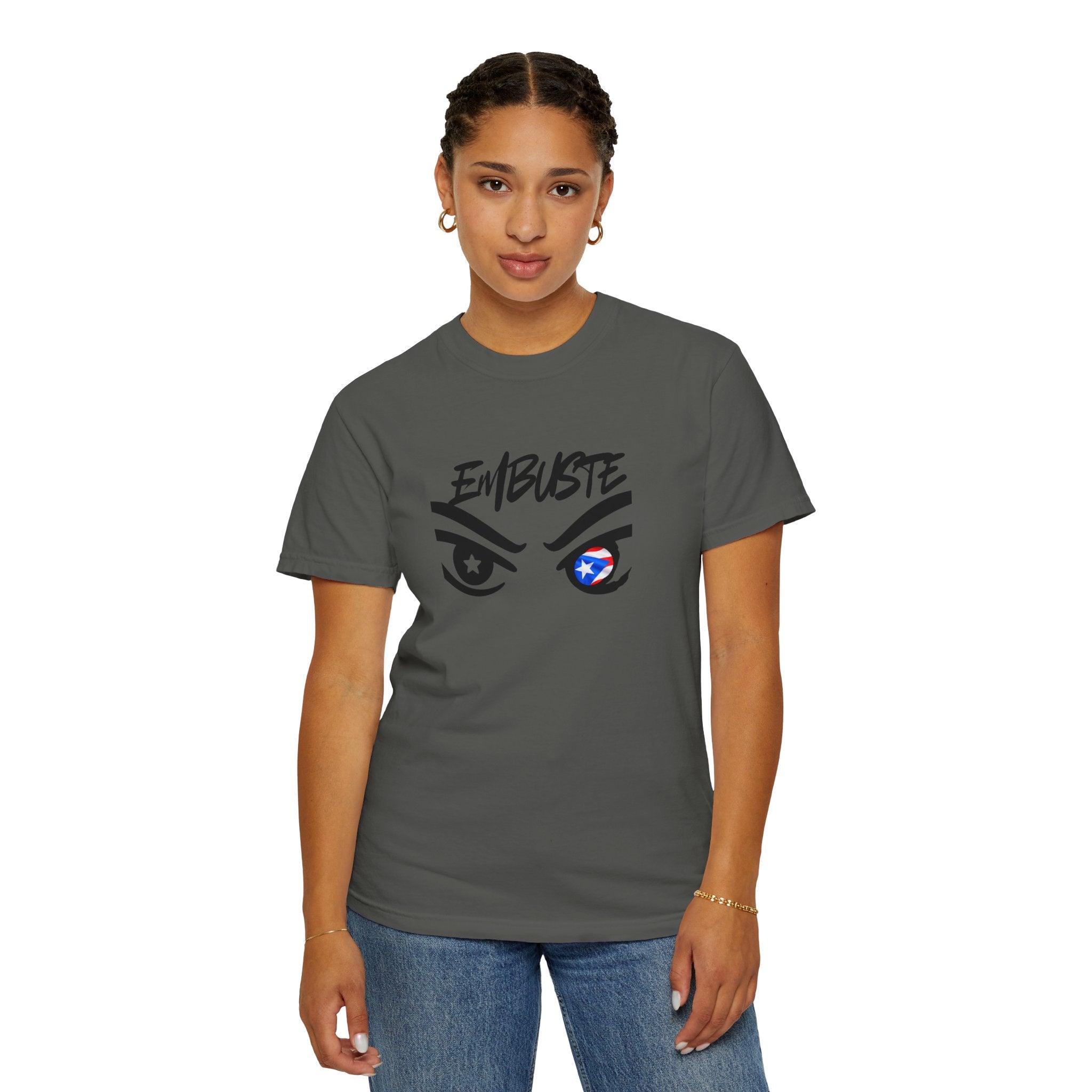 Embuste Eyes Graphic T-Shirt — Bold Script & Star-Spangled Eye Design