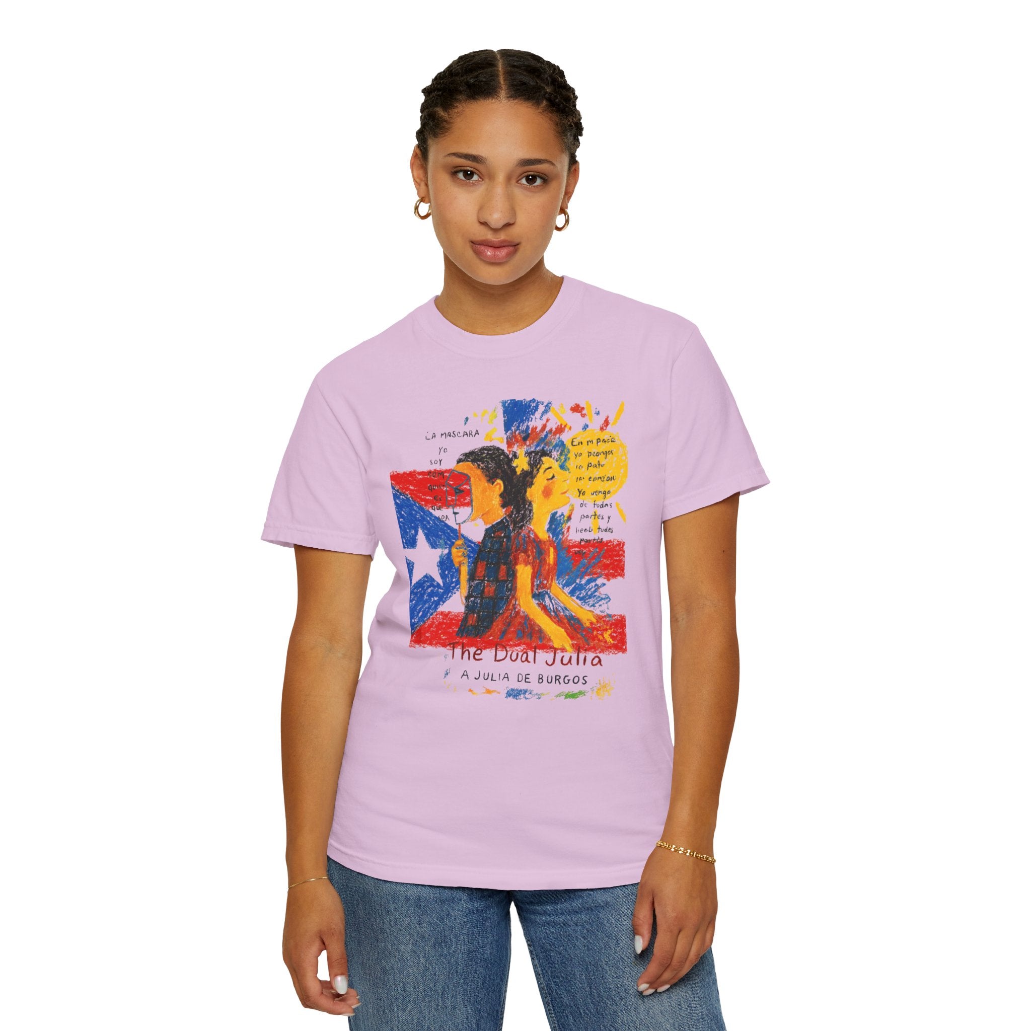 Puerto Rican Flag Art T-Shirt Julia de Burgos homenaje— "The Dua Julia" Illustrated Graphic Tee