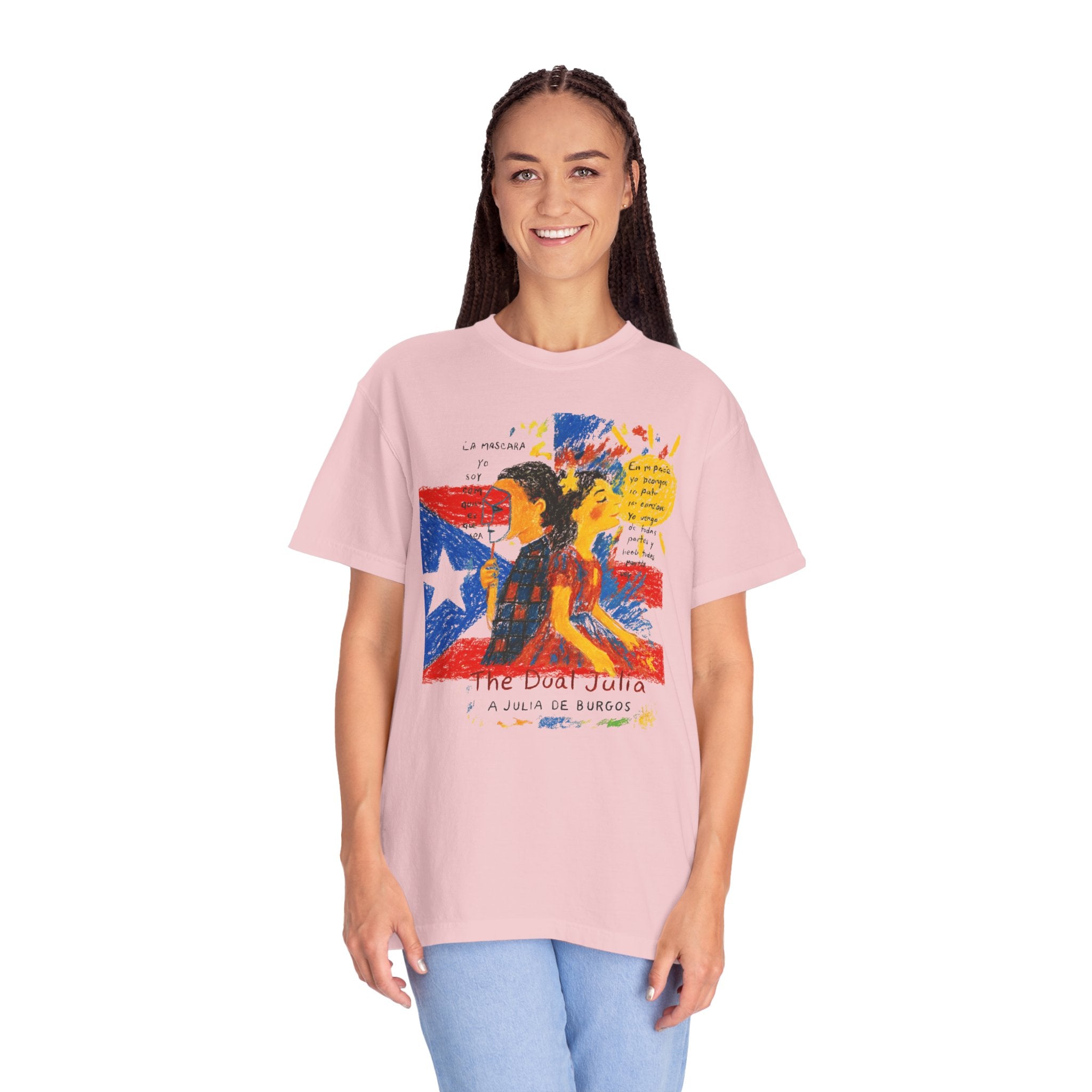 Puerto Rican Flag Art T-Shirt Julia de Burgos homenaje— "The Dua Julia" Illustrated Graphic Tee