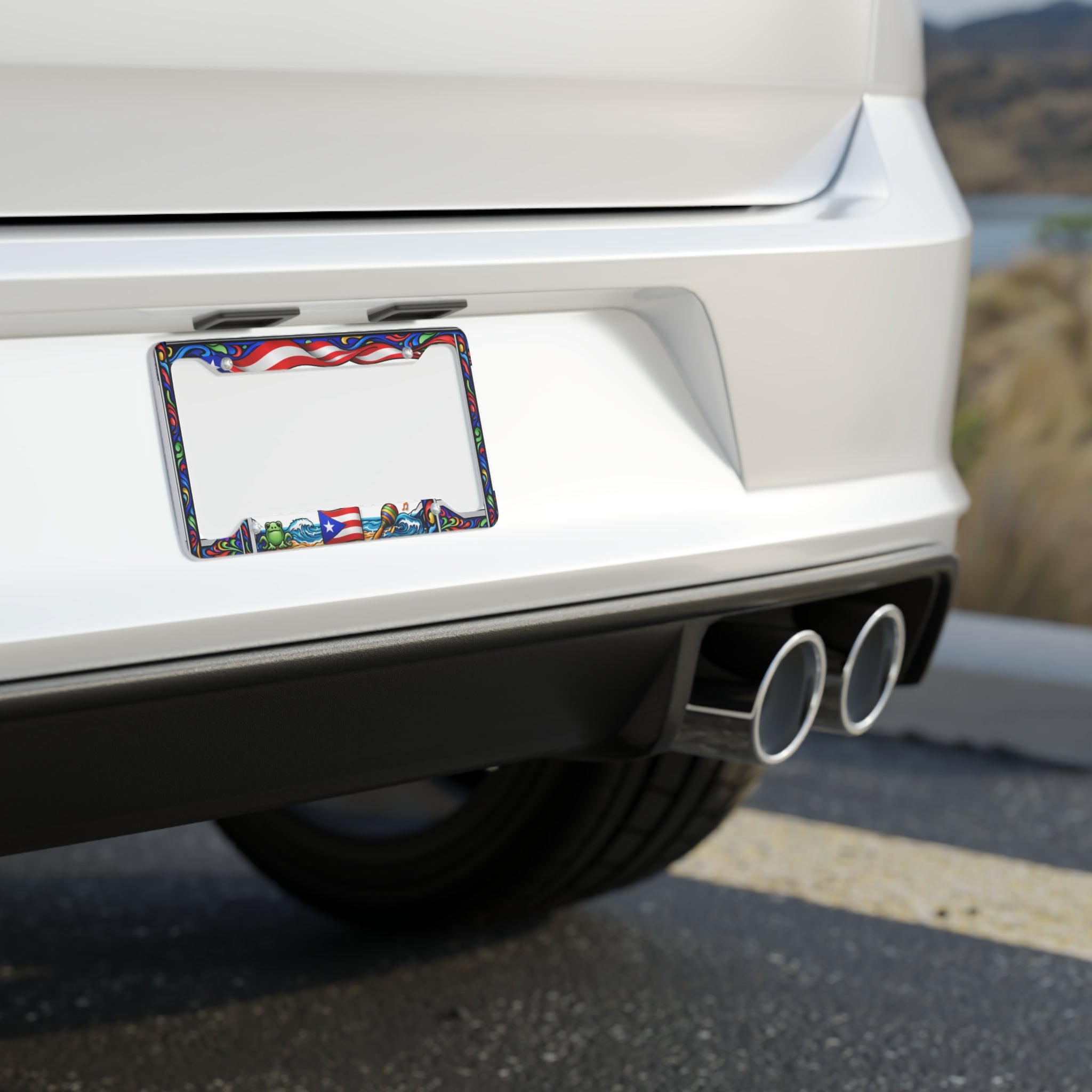 Puerto Rico Floral License Plate Frame — Colorful Boricua Flag Car Trim