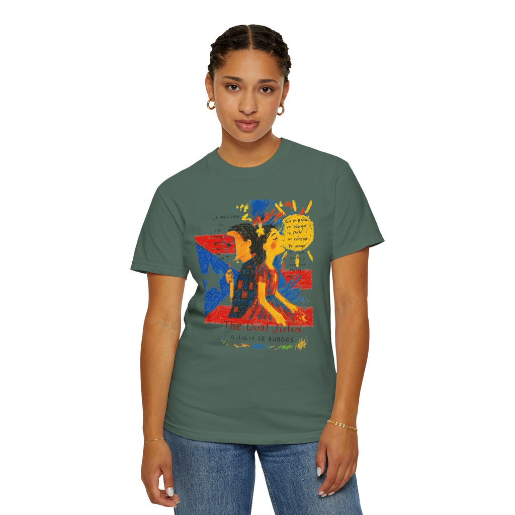 Puerto Rican Flag Art T-Shirt Julia de Burgos homenaje— "The Dua Julia" Illustrated Graphic Tee