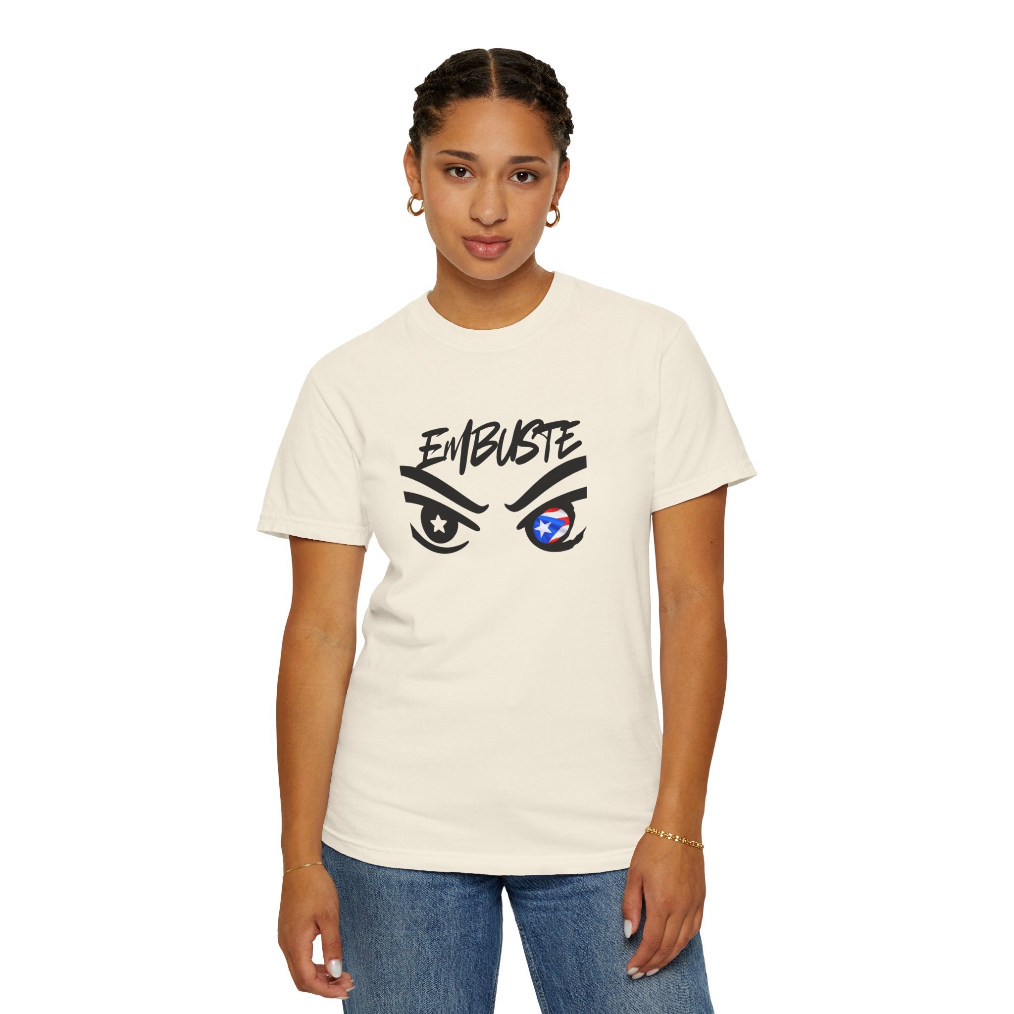 Embuste Eyes Graphic T-Shirt — Bold Script & Star-Spangled Eye Design