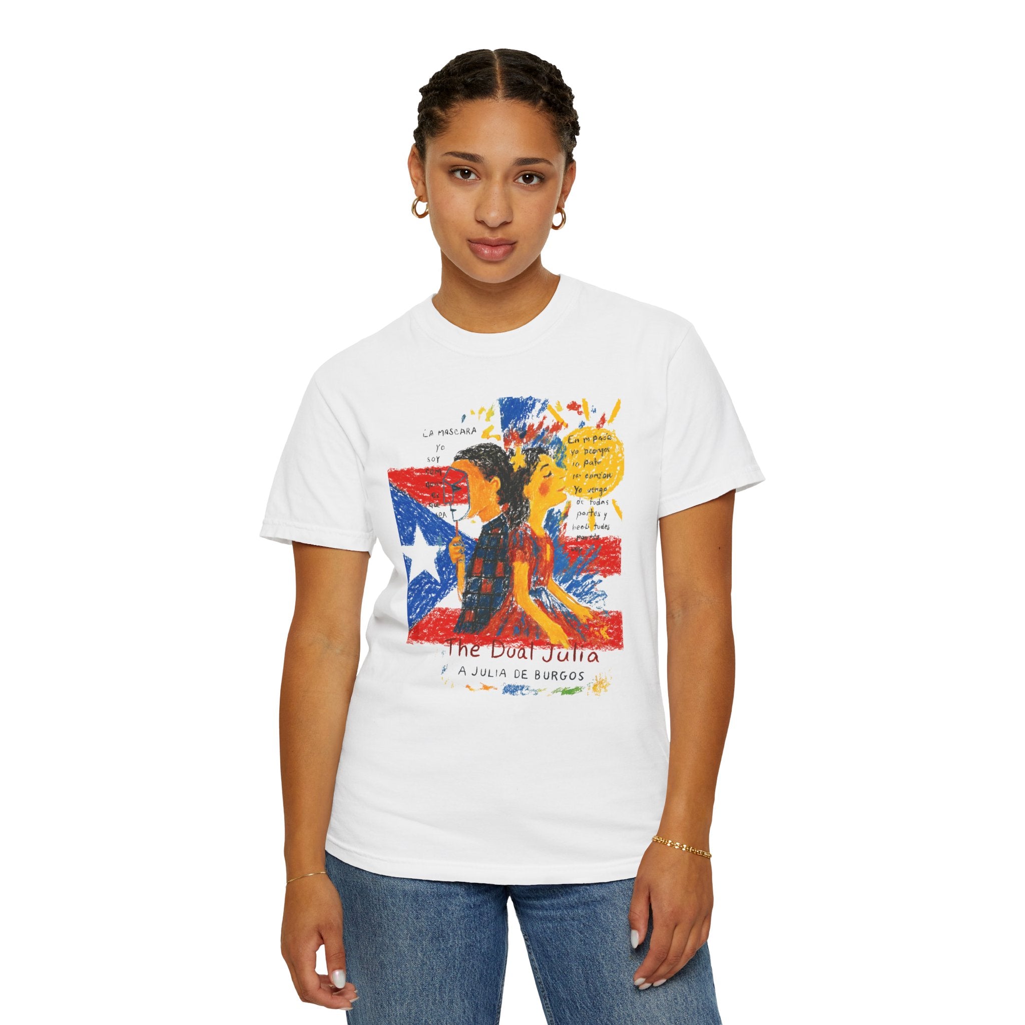 Puerto Rican Flag Art T-Shirt Julia de Burgos homenaje— "The Dua Julia" Illustrated Graphic Tee
